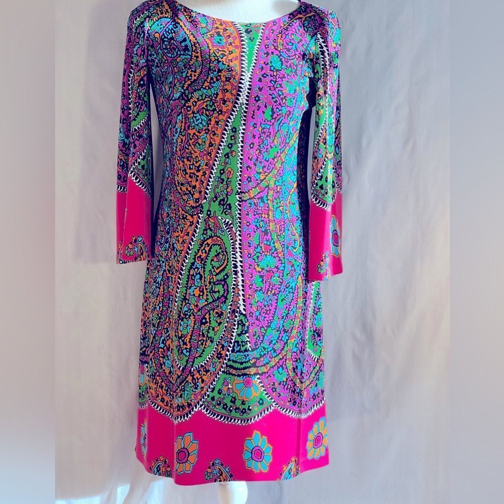 Muse 70’s Inspired Multi Color Bell Sleeves Jersey Sheath Dress 4 👍